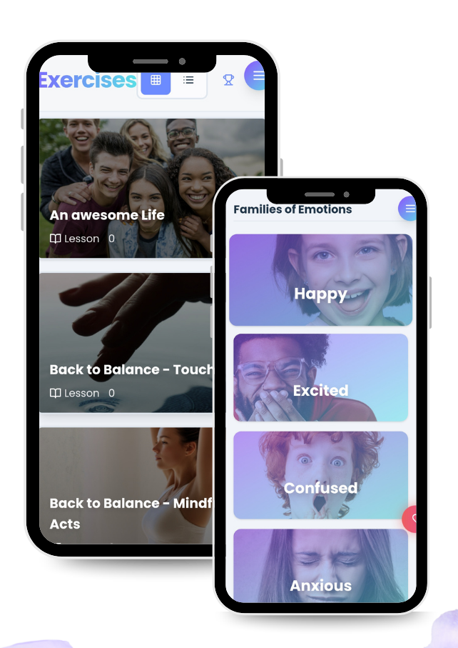 HappyKids.ai mobile app screens showing exercises library and families of emotions